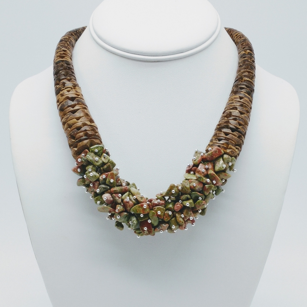 Artisan Handcrafted Unakite Coconut Shell Statement Necklace
